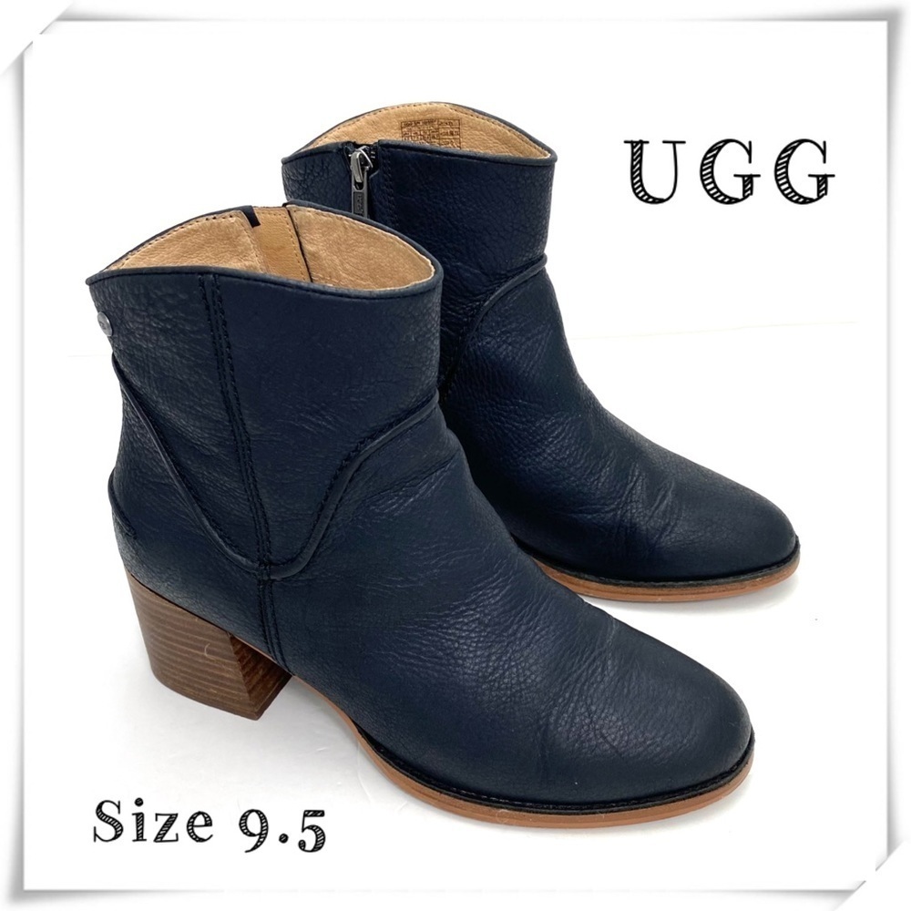 Ugg Annie S/N 1095061 Leather Block Heel Ankle Booties in Black Size 9.5